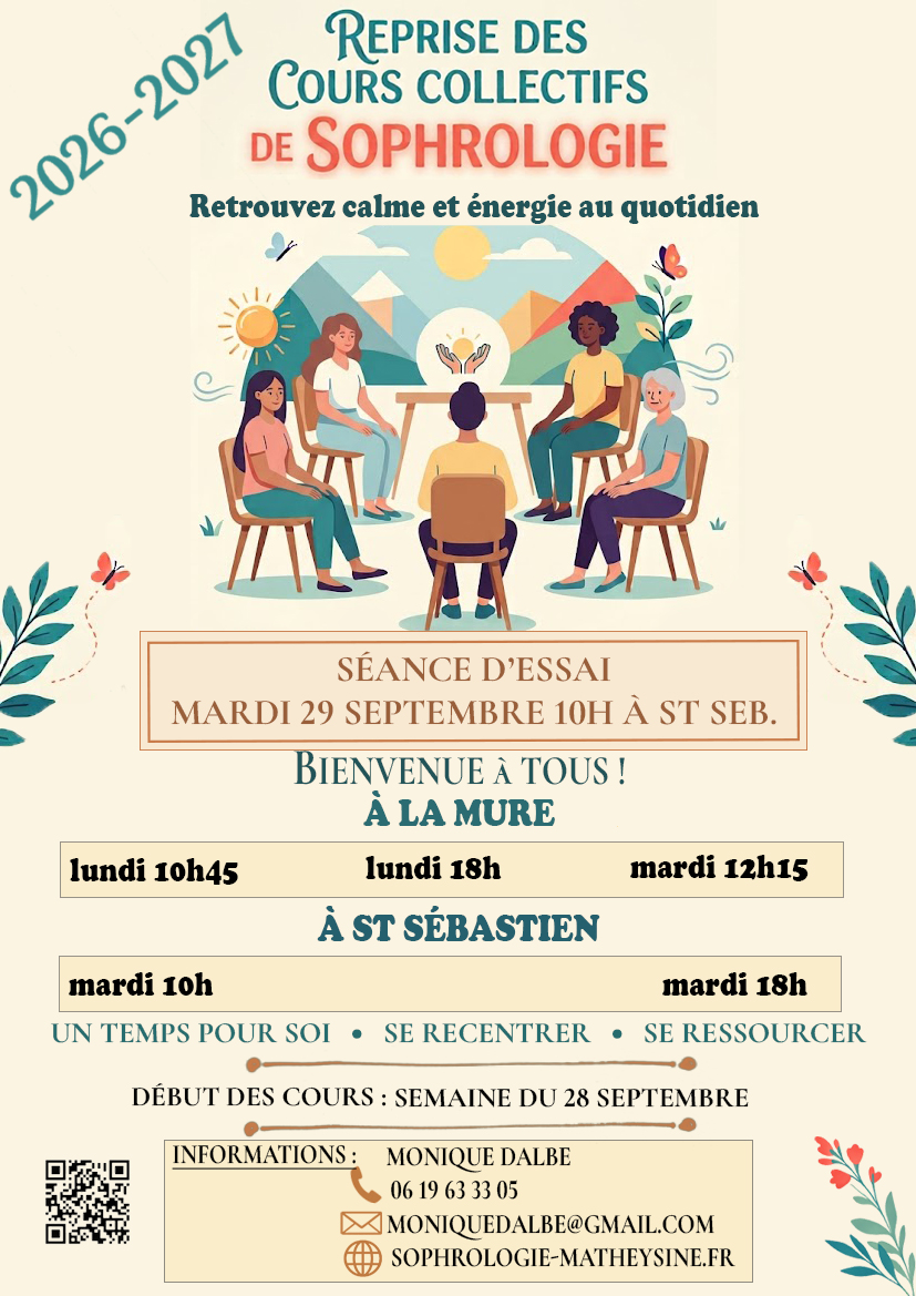 Affiche de la reprise des cours collectifs de sophrologie 2026‑2027 avec illustration de groupe en cercle