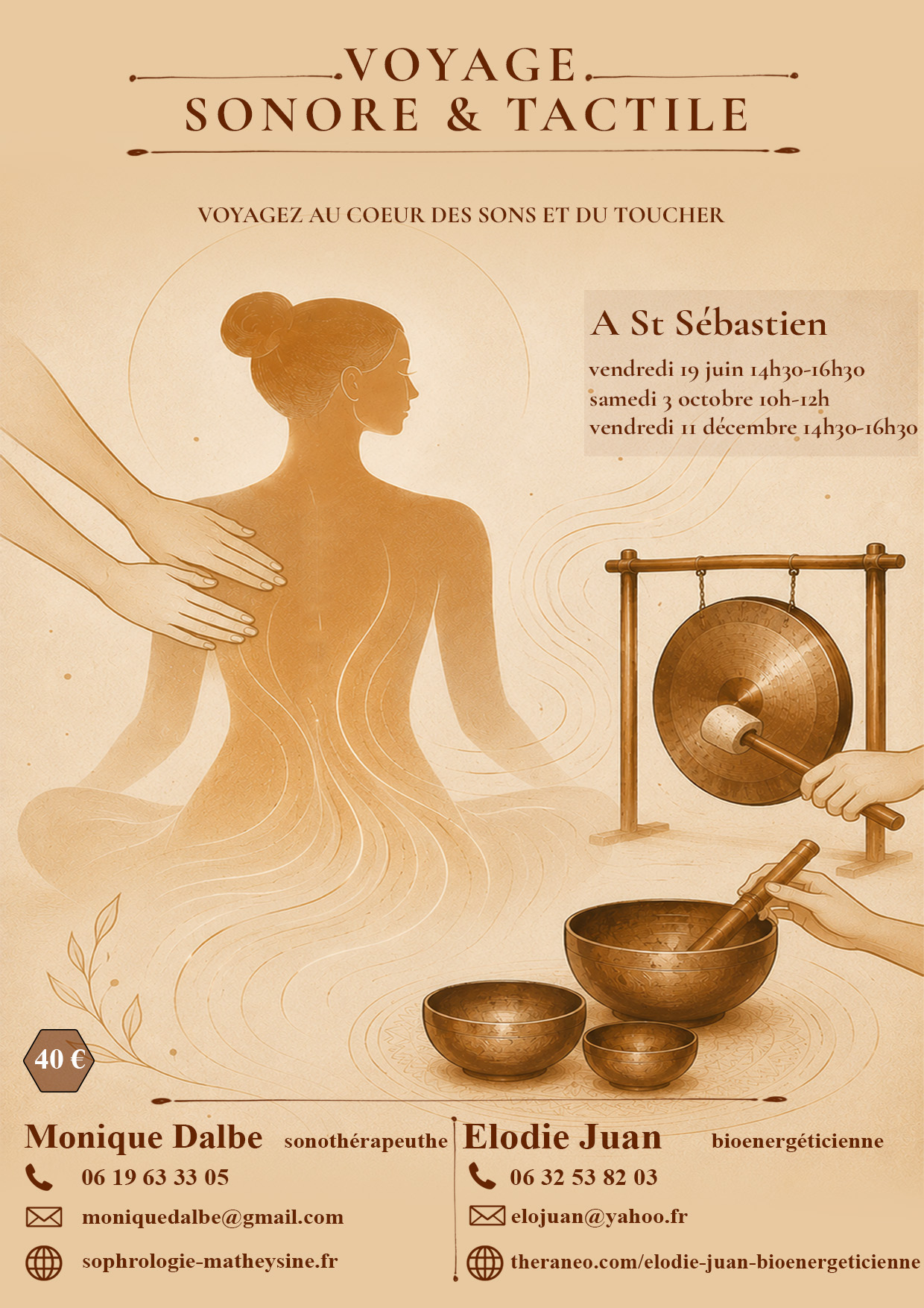 Affiche du Voyage Sonore & Tactile avec gong, bols tibétains et silhouette féminine