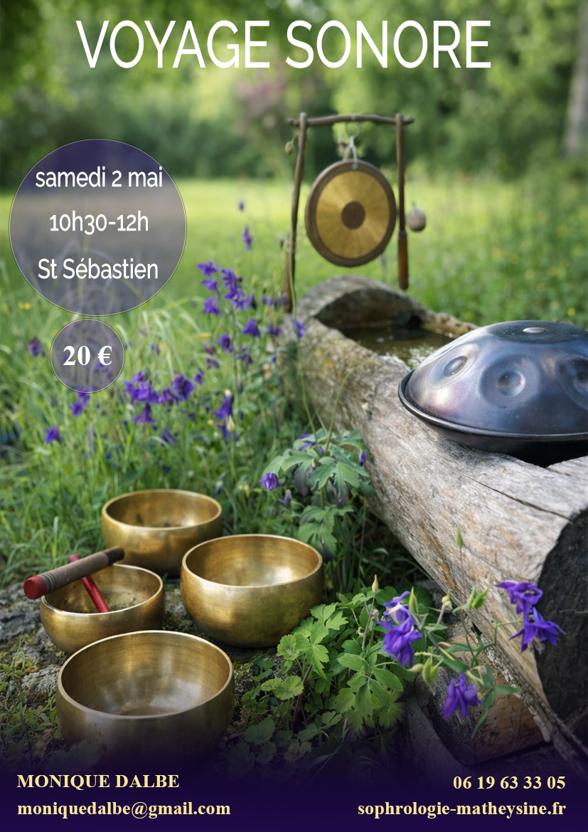Affiche du Voyage Sonore avec bols tibétains, gong et handpan en extérieur