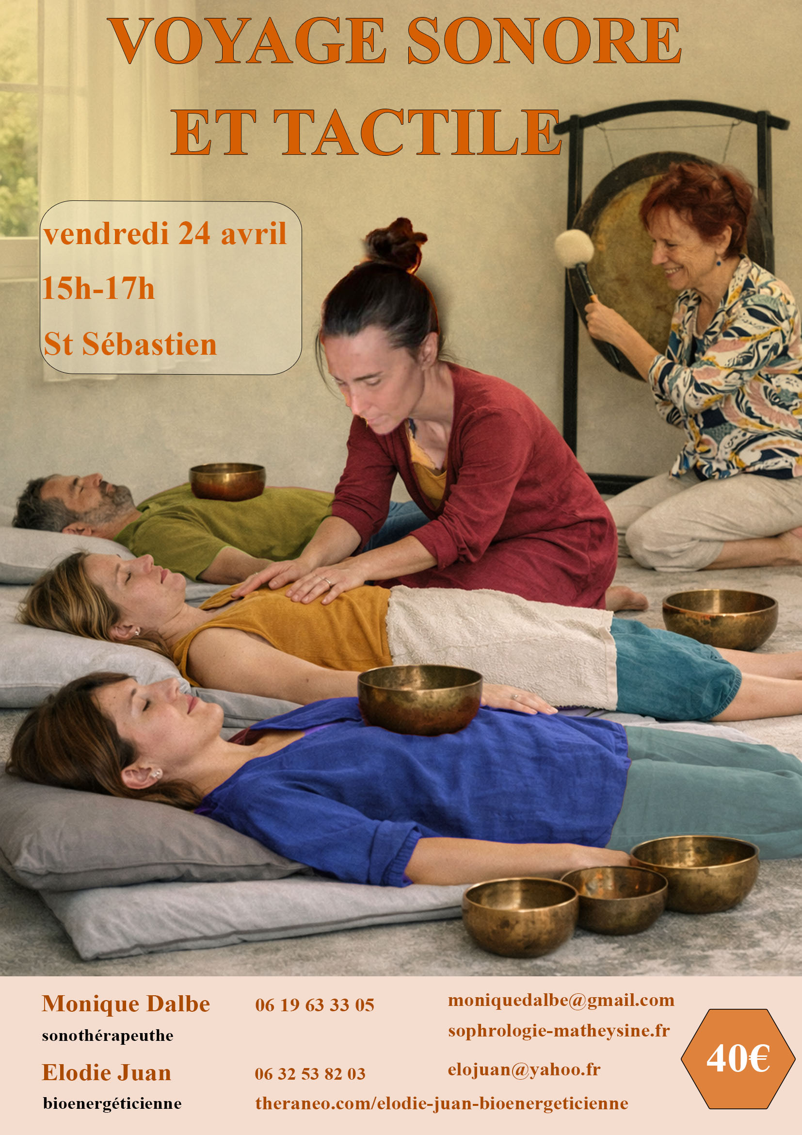 Affiche du Voyage Sonore et Tactile avec séance de sonothérapie et bols posés sur les participants