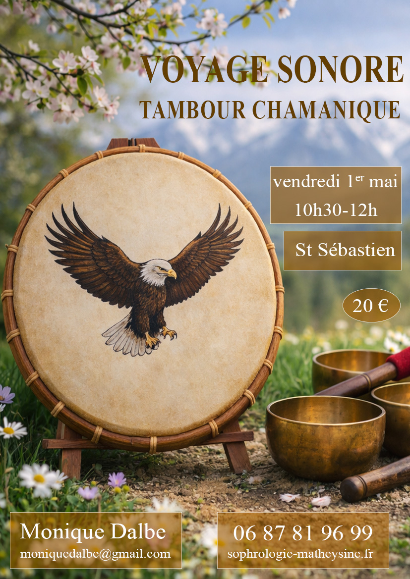 Affiche du Voyage Sonore au tambour chamanique avec tambour, bols tibétains et aigle